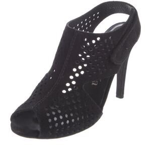 Pedro Garcia Black Suede Leather Peep Toe Heels Shoes 39.5 9.5 US